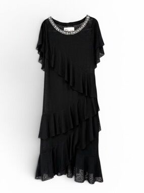 Pitusa Black Ruffle Dress Embroidered Neck Boho Tiered Sheer Peru Size S/M